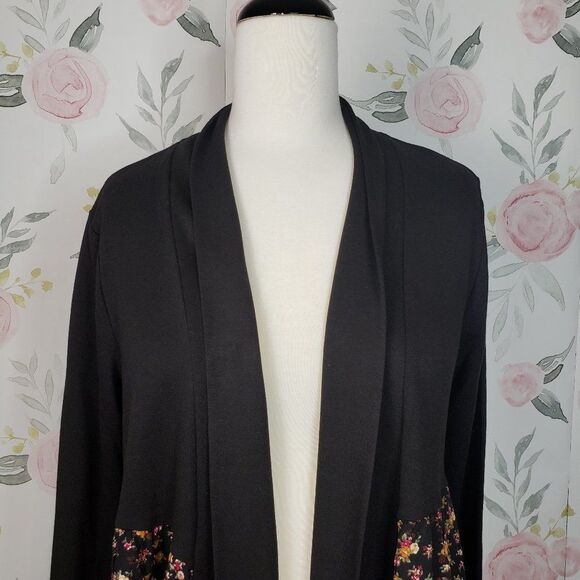NEW Womens Pretty Black Dainty Pink Floral Open Front Cardigan Sweater L large - Picture 2 of 9